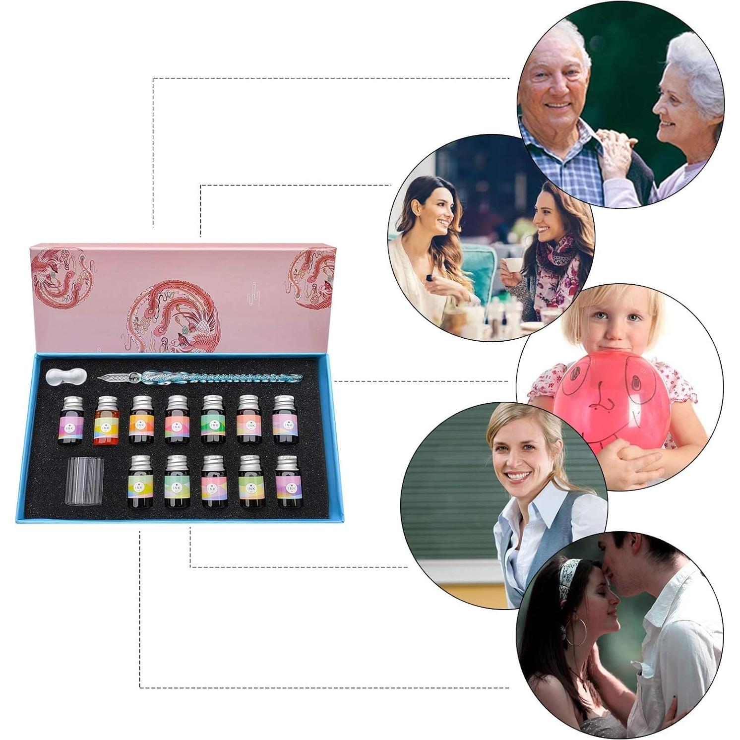 Calligraphy Dip Pen Set - 12 Colorful Inks, Glass Pen Holder, Glass, Crystal Pen for Art Writing, Drawing, Signatures, Decoration,Holiday Gift Set Calligraphy Beginners