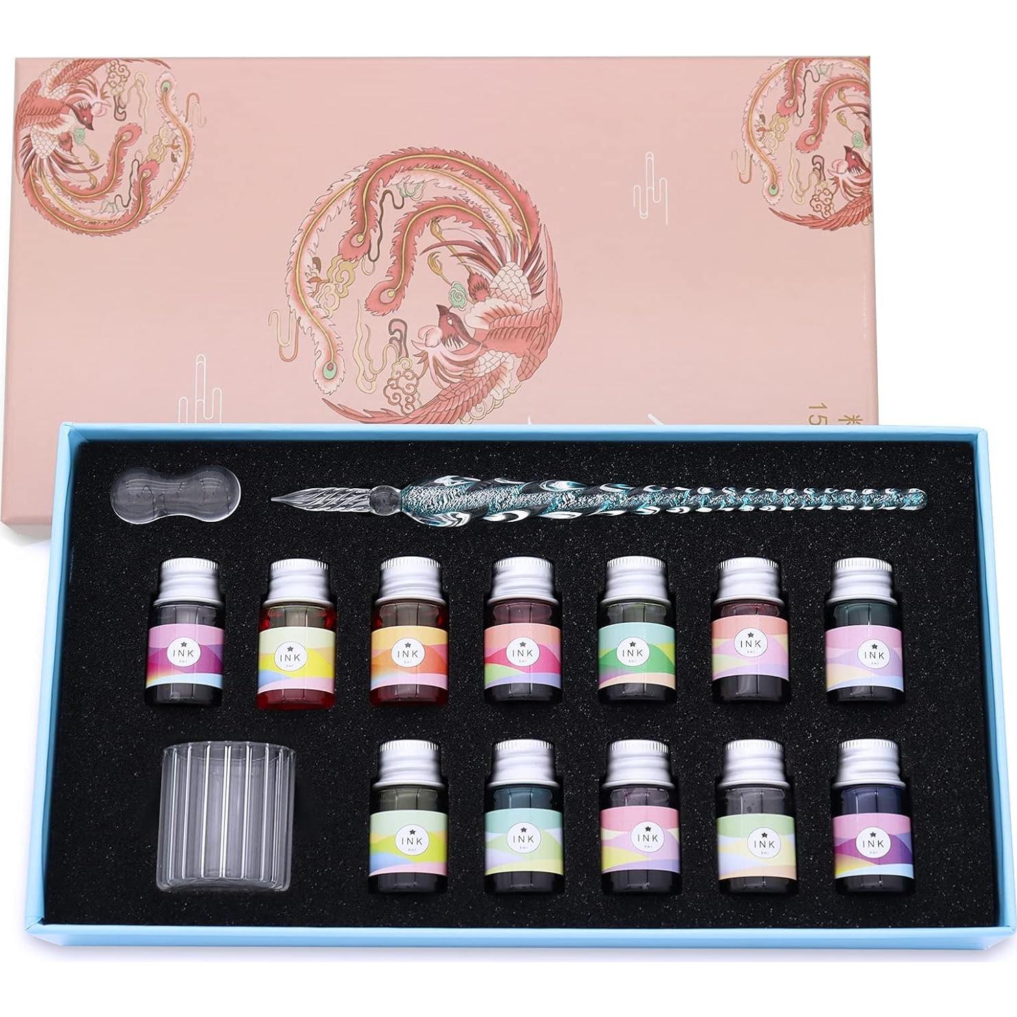 Calligraphy Dip Pen Set - 12 Colorful Inks, Glass Pen Holder, Glass, Crystal Pen for Art Writing, Drawing, Signatures, Decoration,Holiday Gift Set Calligraphy Beginners