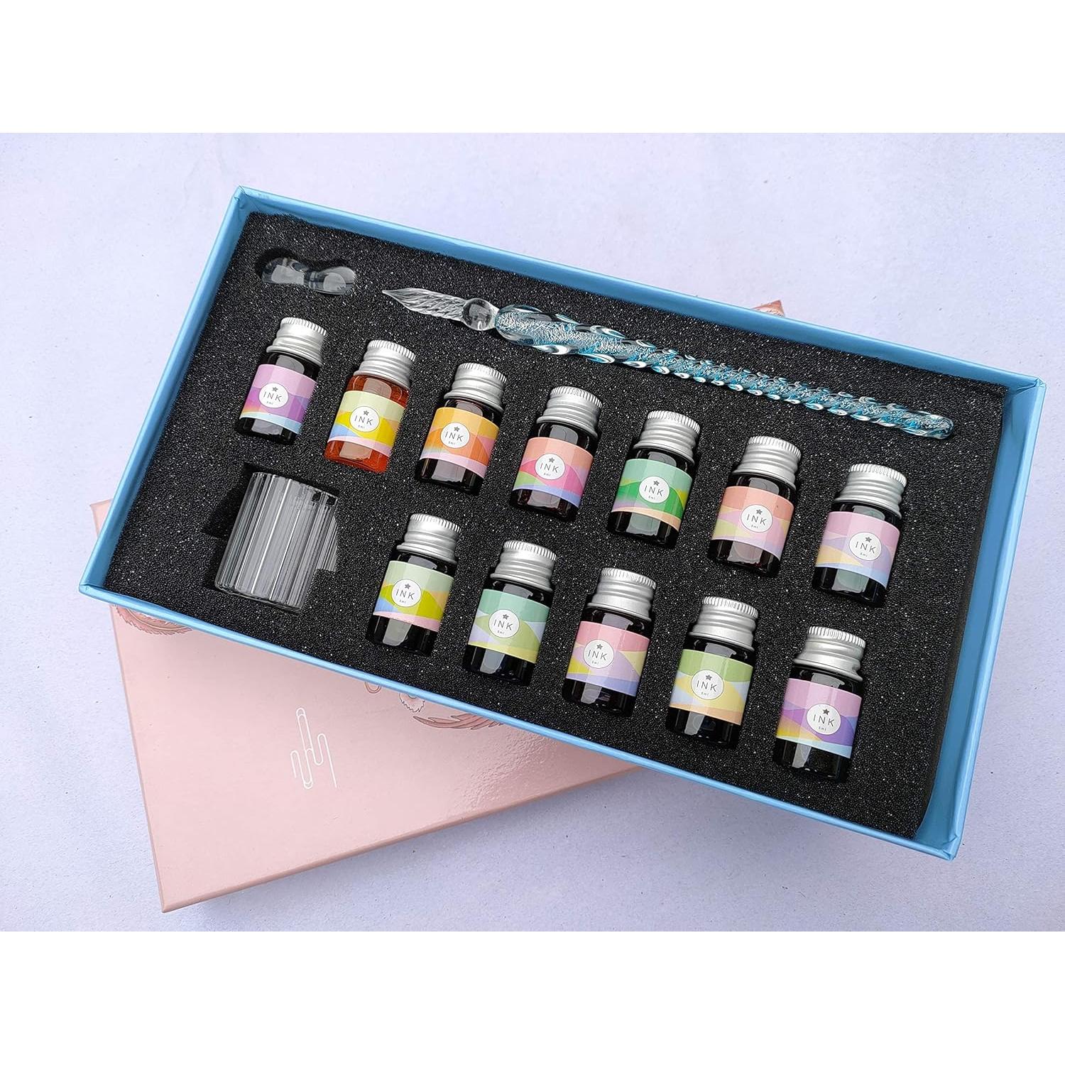 Calligraphy Dip Pen Set - 12 Colorful Inks, Glass Pen Holder, Glass, Crystal Pen for Art Writing, Drawing, Signatures, Decoration,Holiday Gift Set Calligraphy Beginners