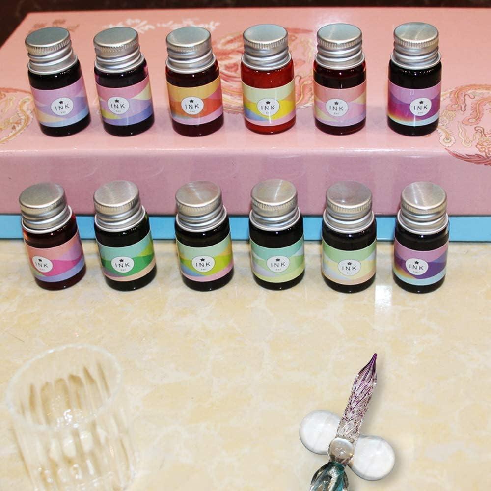 Calligraphy Dip Pen Set - 12 Colorful Inks, Glass Pen Holder, Glass, Crystal Pen for Art Writing, Drawing, Signatures, Decoration,Holiday Gift Set Calligraphy Beginners