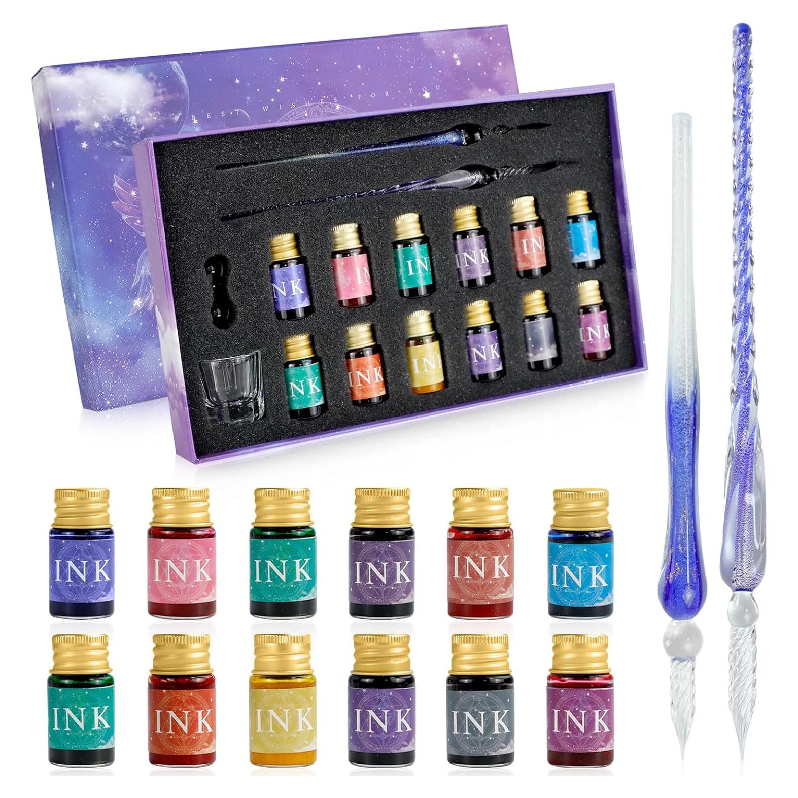 Juego de Caligrafía PDCTACST con 2 Plumas de Vidrio y 12 Tintas