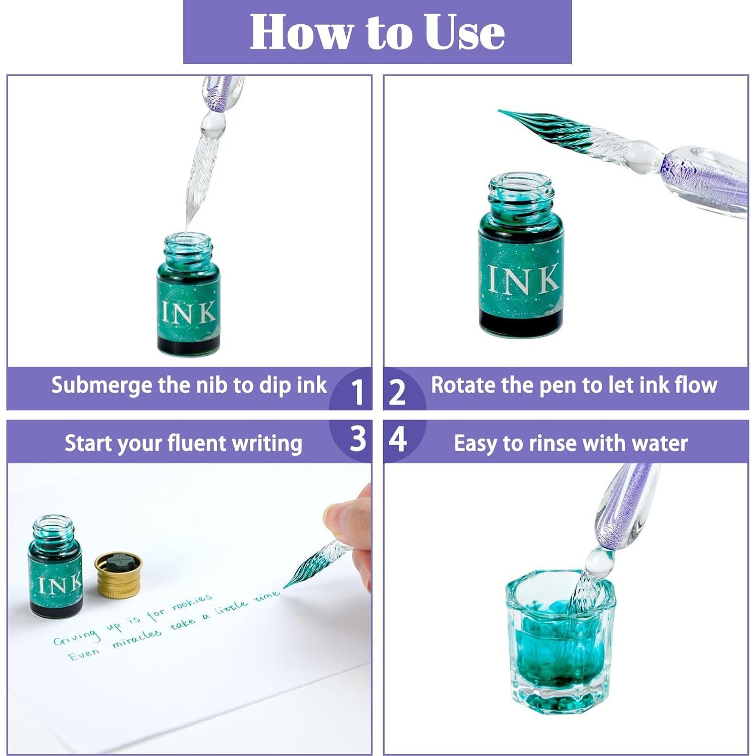 Juego de Caligrafía PDCTACST con 2 Plumas de Vidrio y 12 Tintas