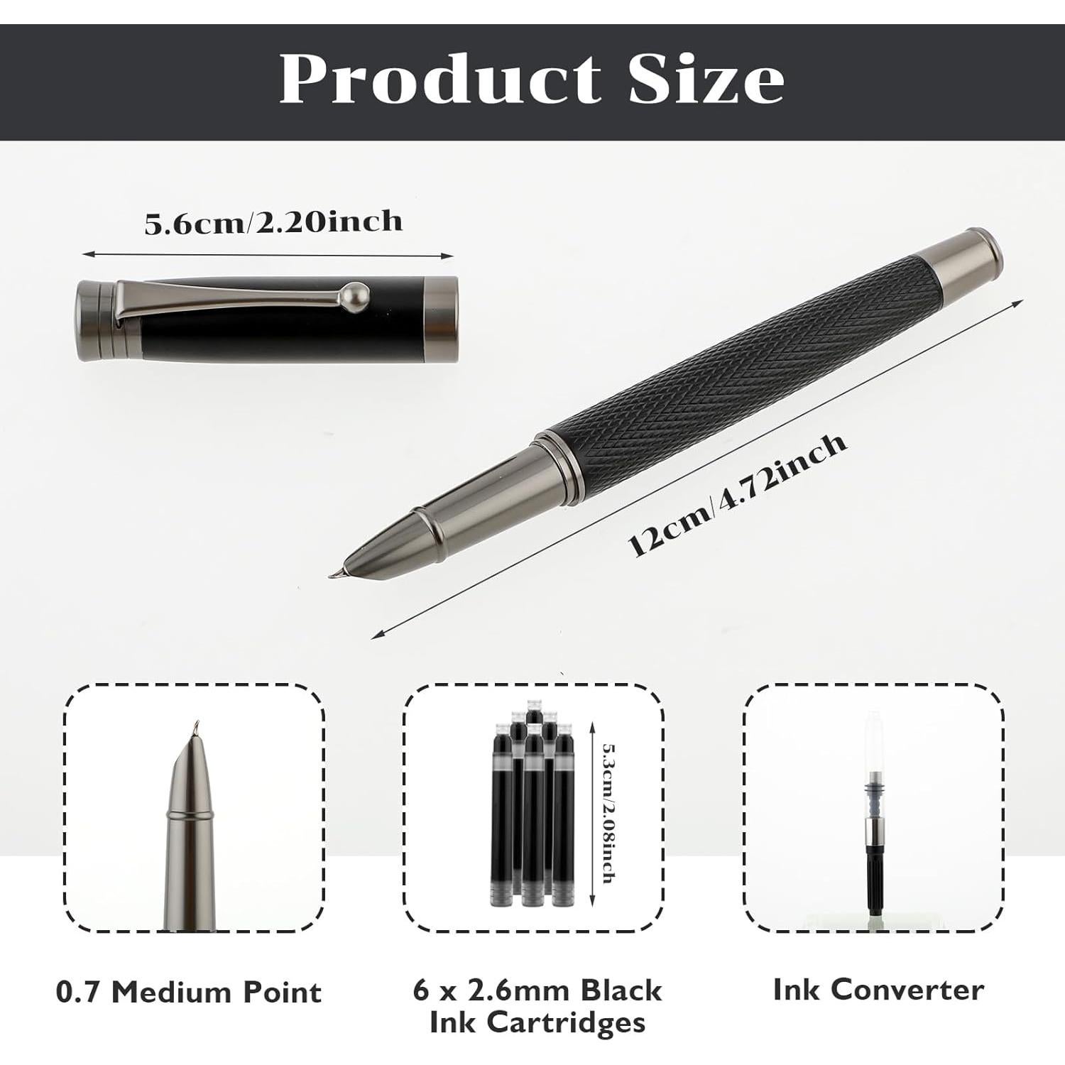 Juego de Pluma Fuente TIESOME Metal con 6 Cartuchos Tinta Negra