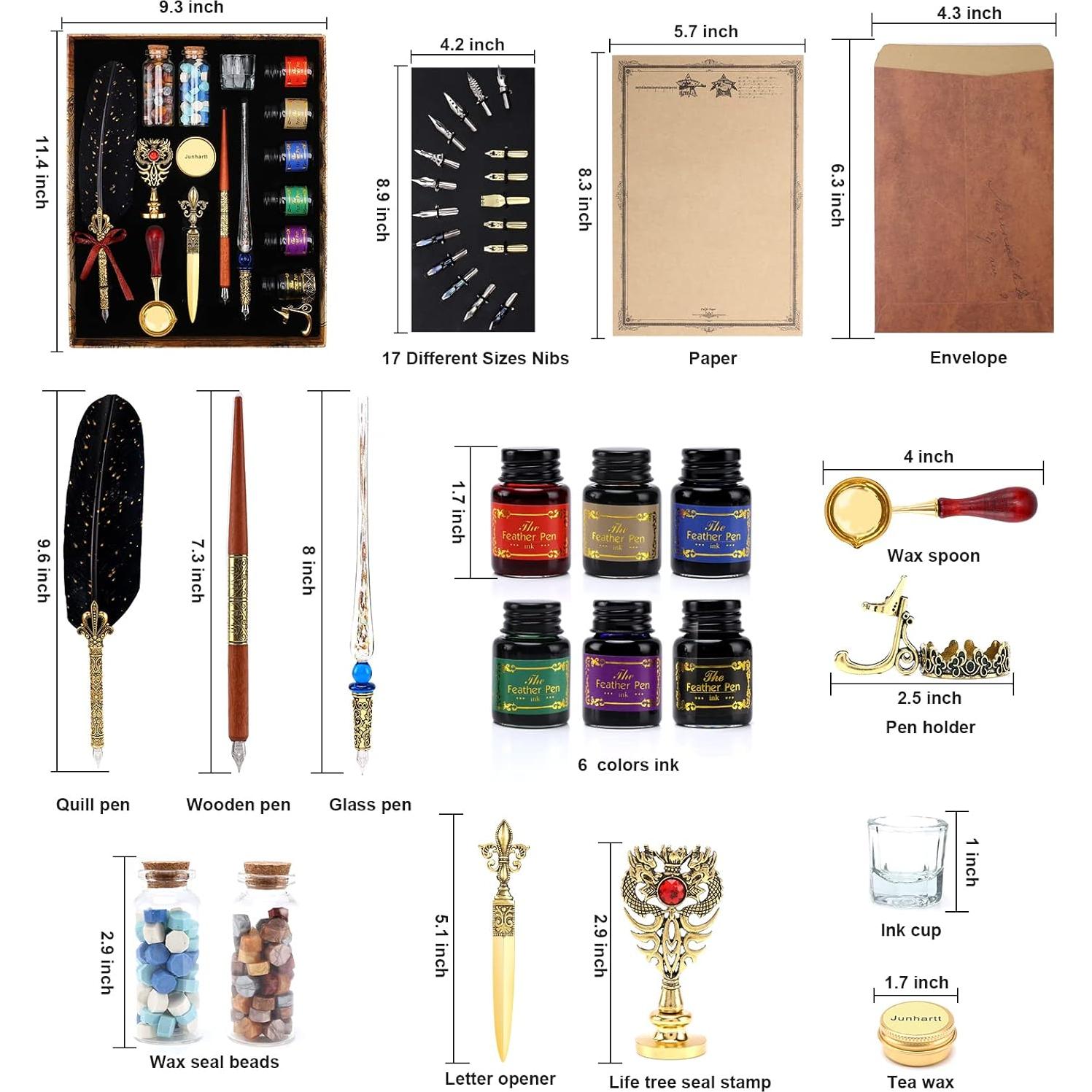 Juego de Caligrafía Junhartt con Plumas y Sello de Cera