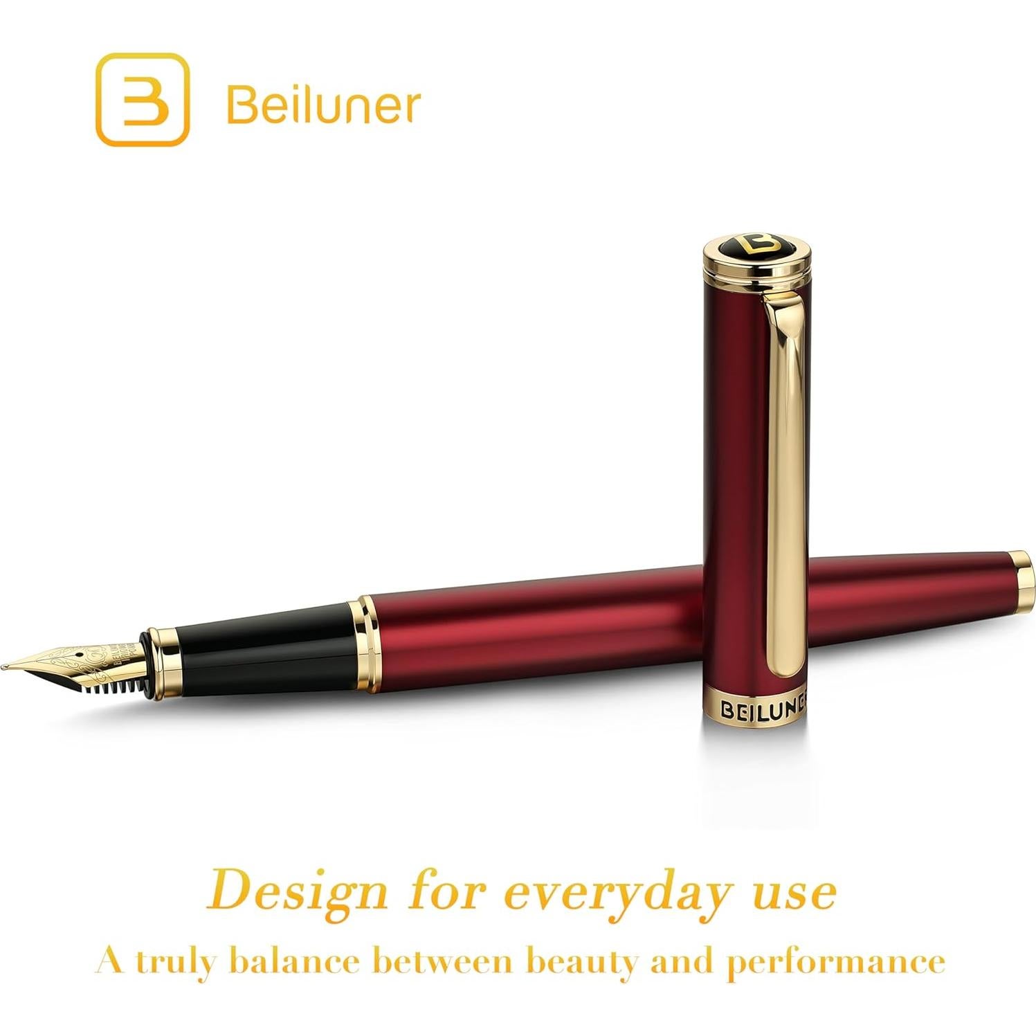 Pluma Fuente BEILUNER Roja y Dorada, Plumín 24K, 0.5mm