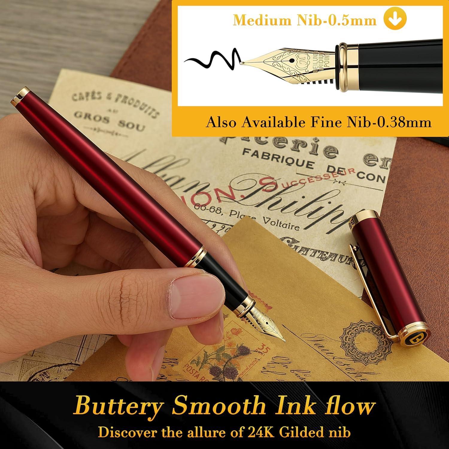 Pluma Fuente BEILUNER Roja y Dorada, Plumín 24K, 0.5mm