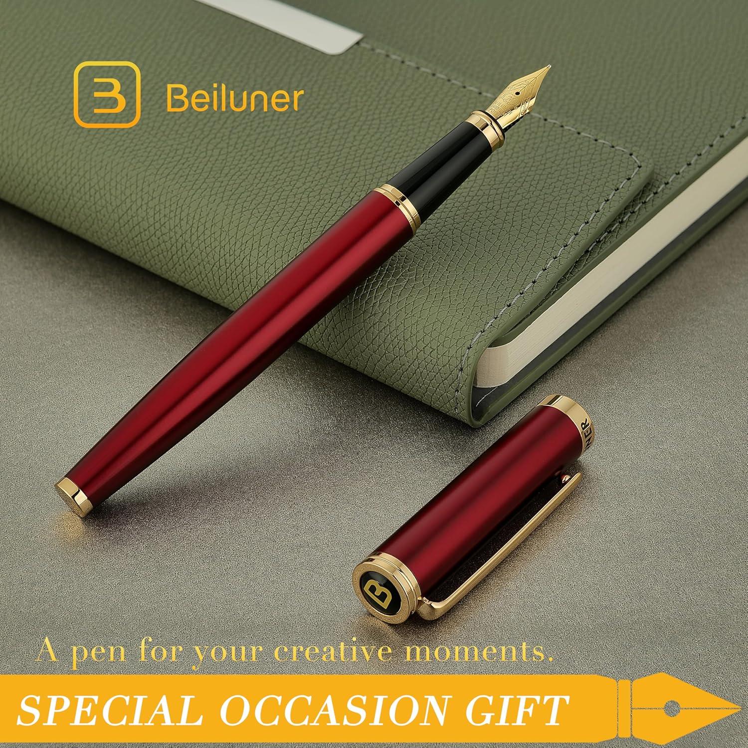 Pluma Fuente BEILUNER Roja y Dorada, Plumín 24K, 0.5mm