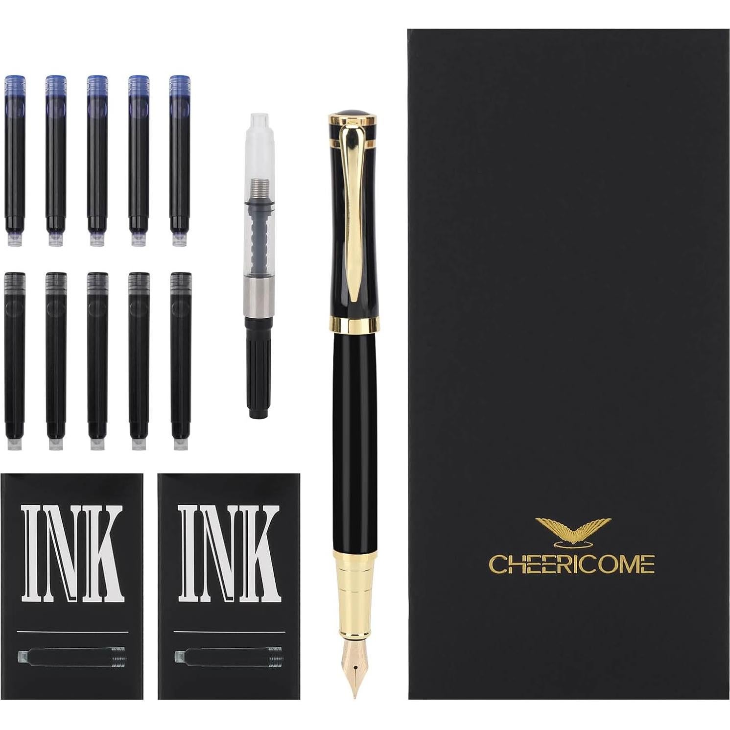 Pluma Fuente Cheericome Negra - Punta Fina con 10 Cartuchos