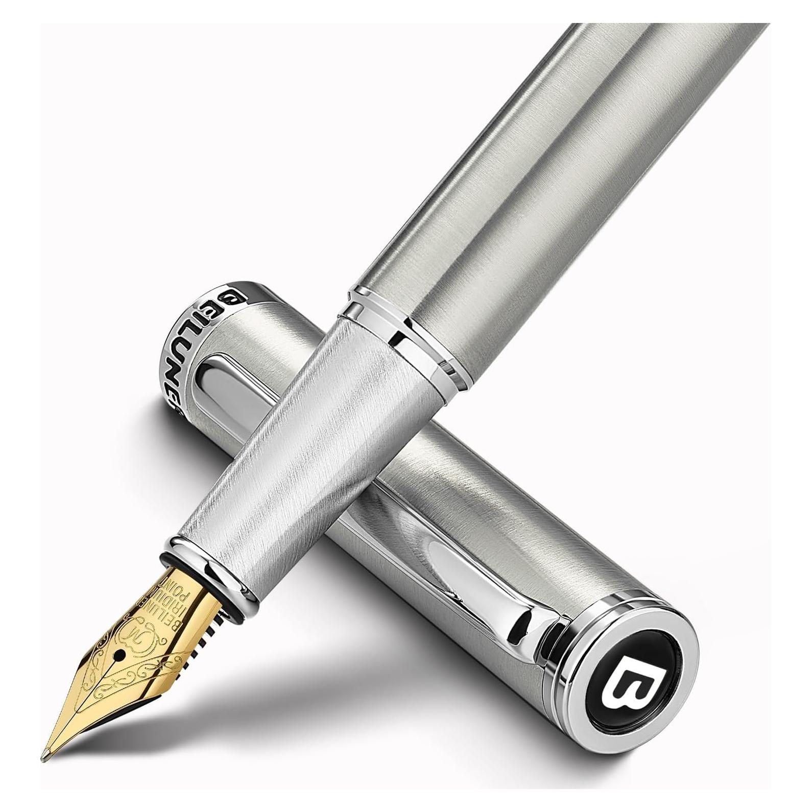 BEILUNER Luxury Fountain Pen Set, Solid 24K Gilded Medium Nib, Silver Stainless Steel Body- Includes 6 Ink Cartridges & Ink Refill Converter with Gift Case - Nice pen for Men and Women