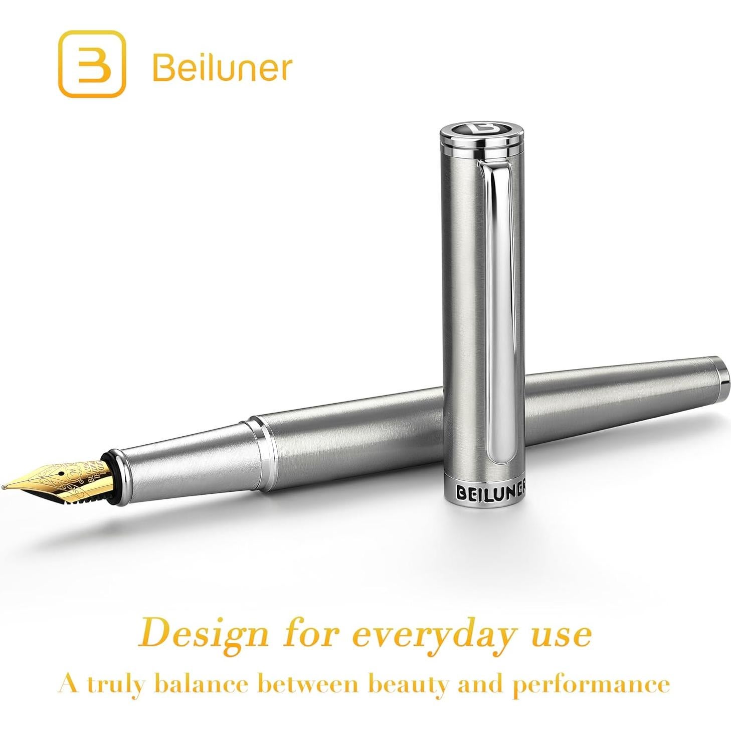 BEILUNER Luxury Fountain Pen Set, Solid 24K Gilded Medium Nib, Silver Stainless Steel Body- Includes 6 Ink Cartridges & Ink Refill Converter with Gift Case - Nice pen for Men and Women