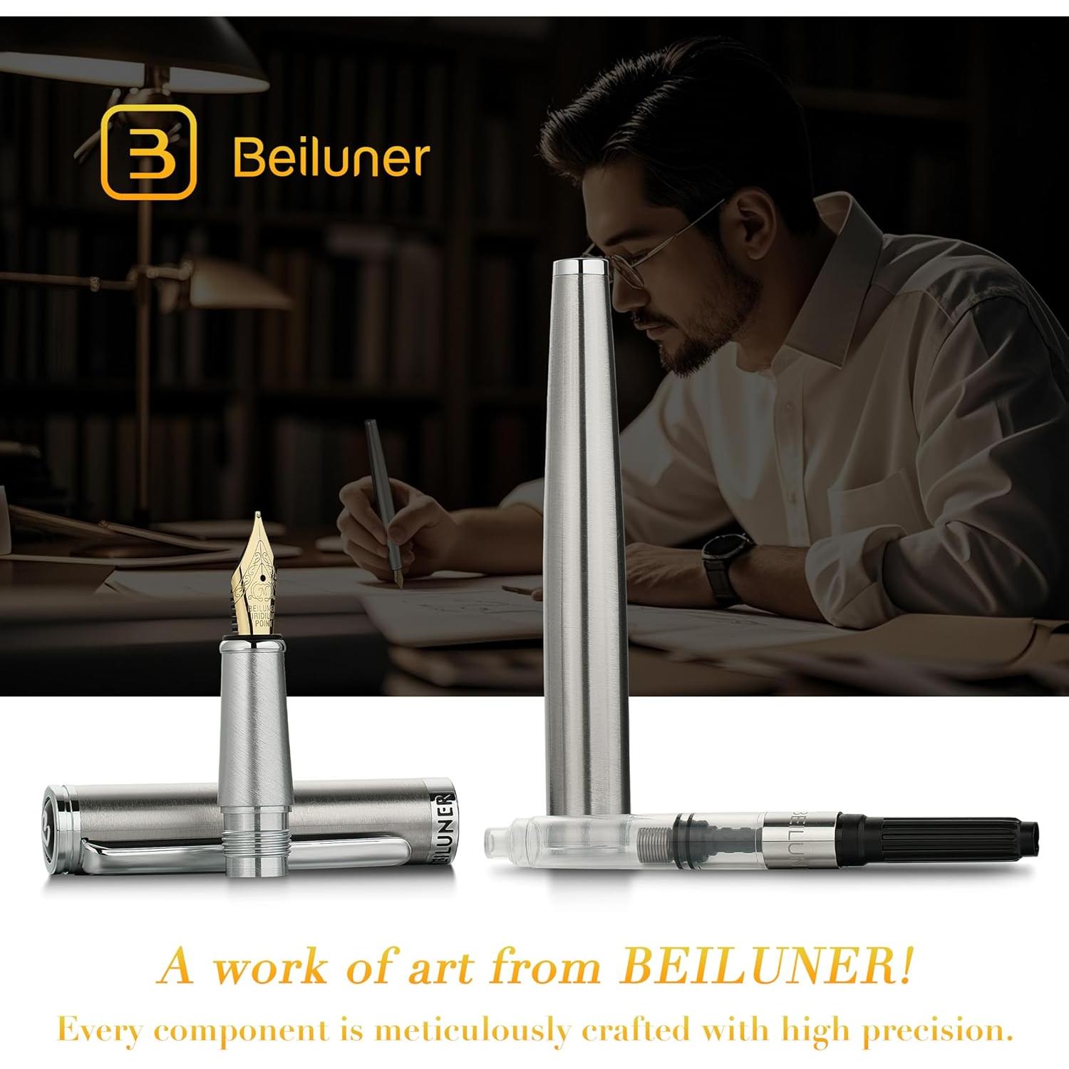 BEILUNER Luxury Fountain Pen Set, Solid 24K Gilded Medium Nib, Silver Stainless Steel Body- Includes 6 Ink Cartridges & Ink Refill Converter with Gift Case - Nice pen for Men and Women