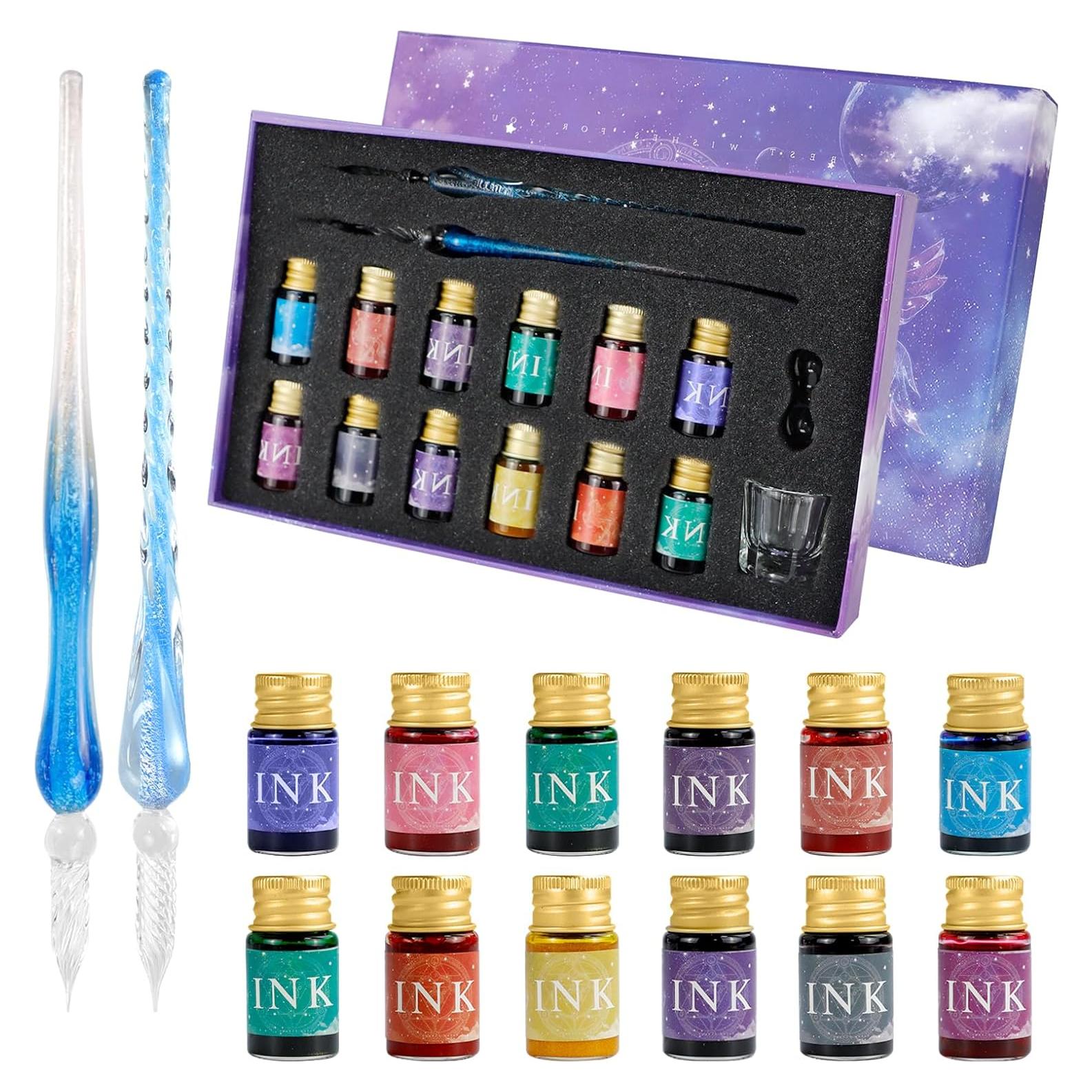 Set de Caligrafía OT-NVWOZR con 2 Plumas de Vidrio y 12 Tintas