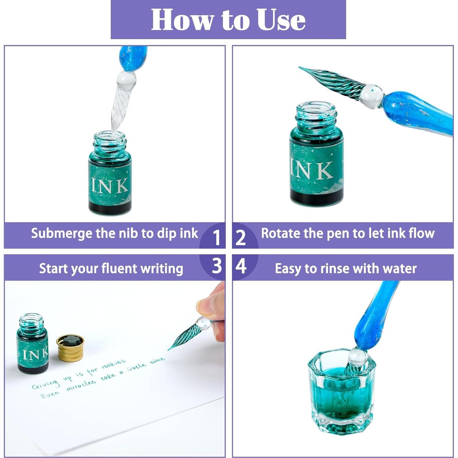 Set de Caligrafía OT-NVWOZR con 2 Plumas de Vidrio y 12 Tintas