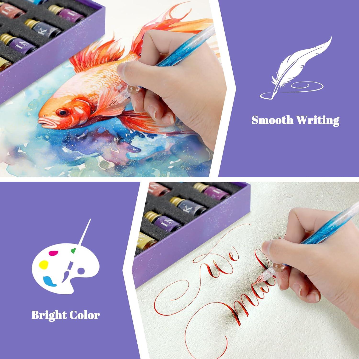 Set de Caligrafía OT-NVWOZR con 2 Plumas de Vidrio y 12 Tintas
