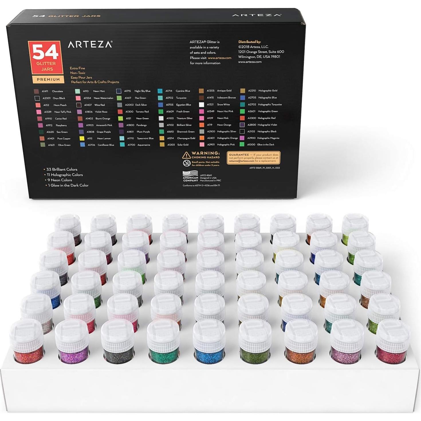 Set de 54 Colores Glitter Arteza, Extra Fino, 518g, Brilla UV