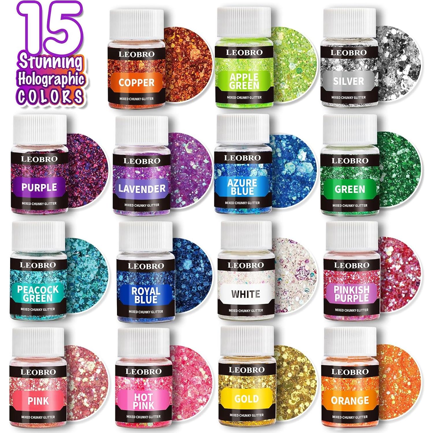 Purpurina Holográfica Gruesa LEOBRO 15 Colores 150g para Manualidades