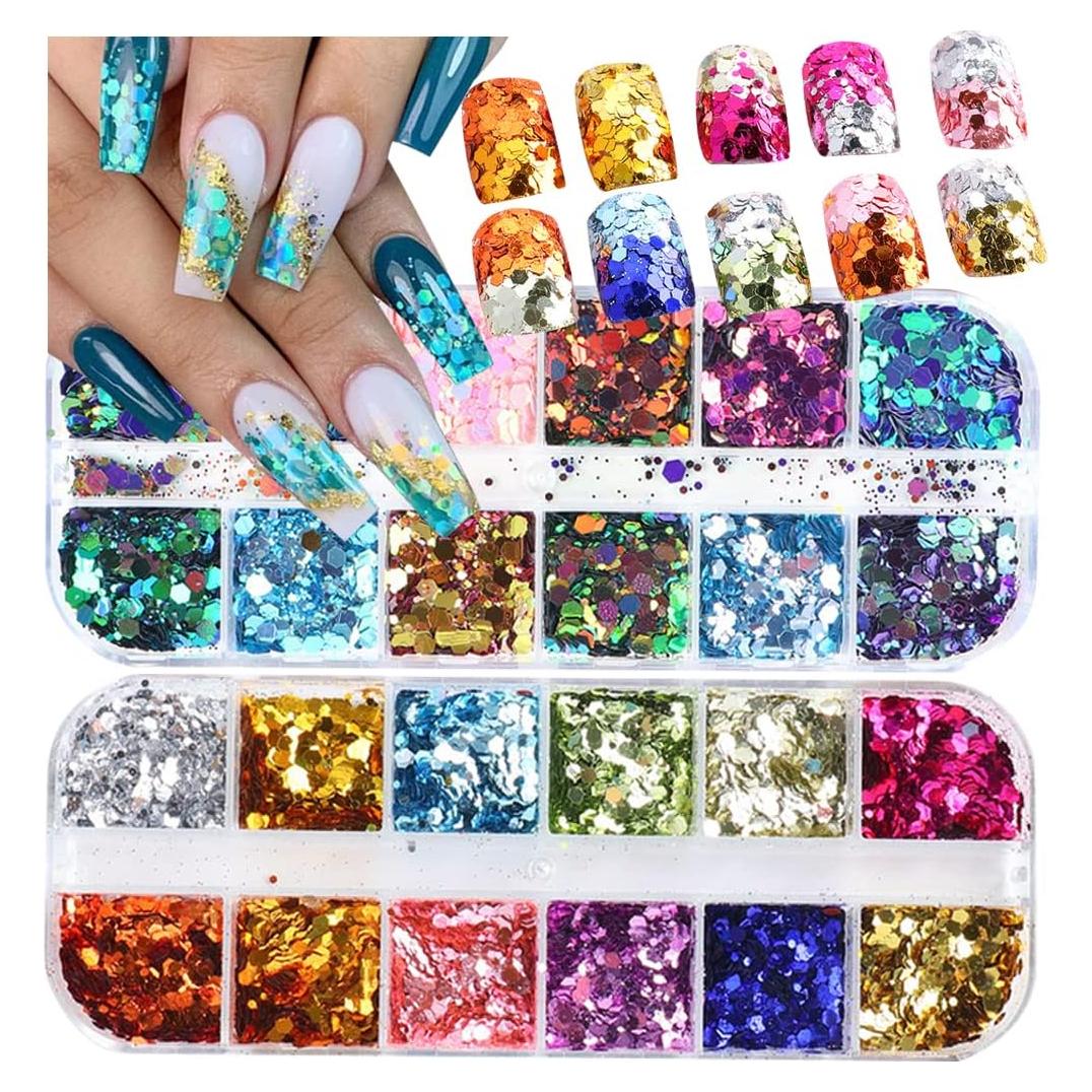 Kit de Purpurina Holográfica UARUOGP 2 Cajas 24 Colores Uñas