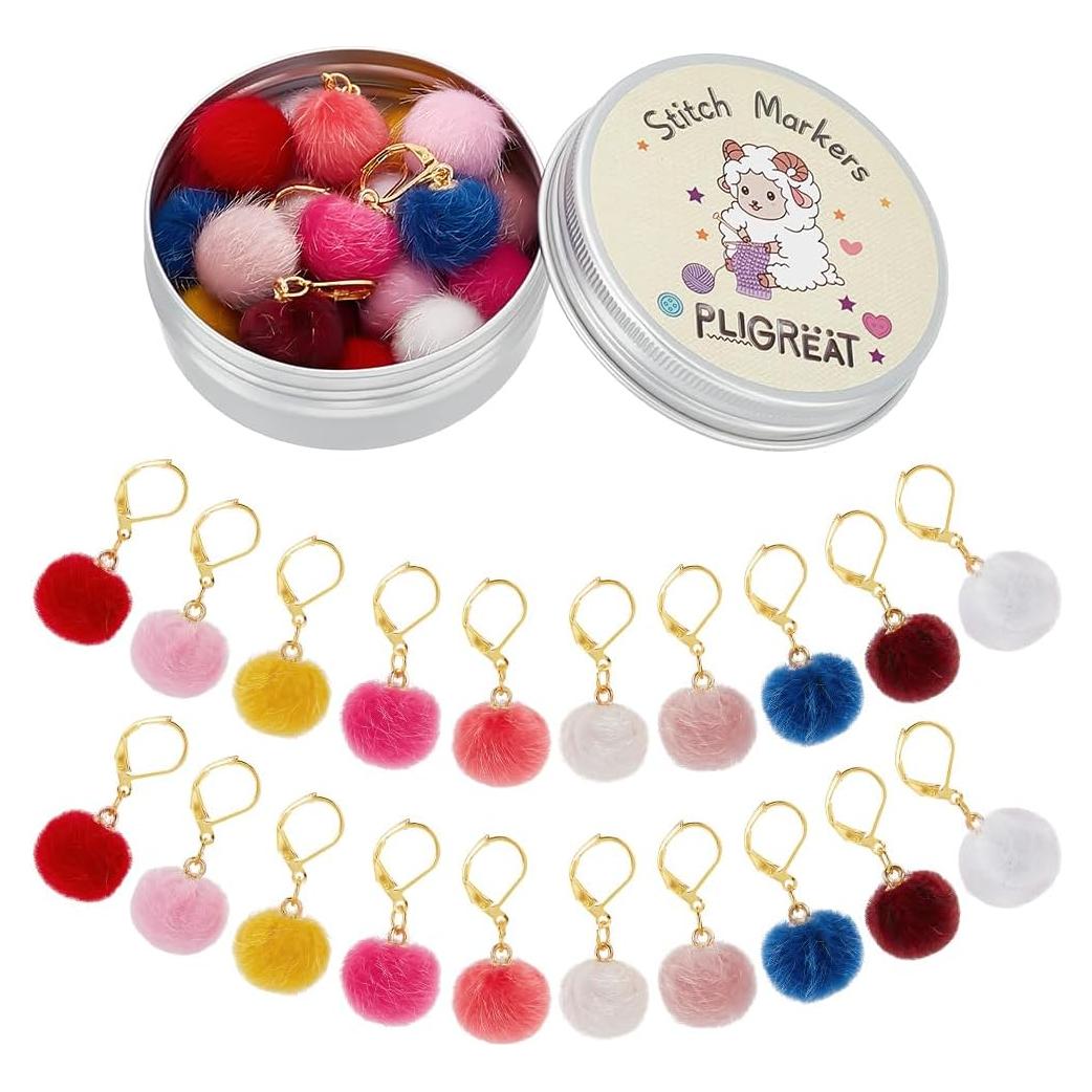 PLIGREAT 20 Pcs Crochet Locking Stitch Markers Colored Pom Pom Stitch Marker Knitting Locking Marker Set Knitting Stitch Counter DIY Gifts Making Accessories for Woman Grandma