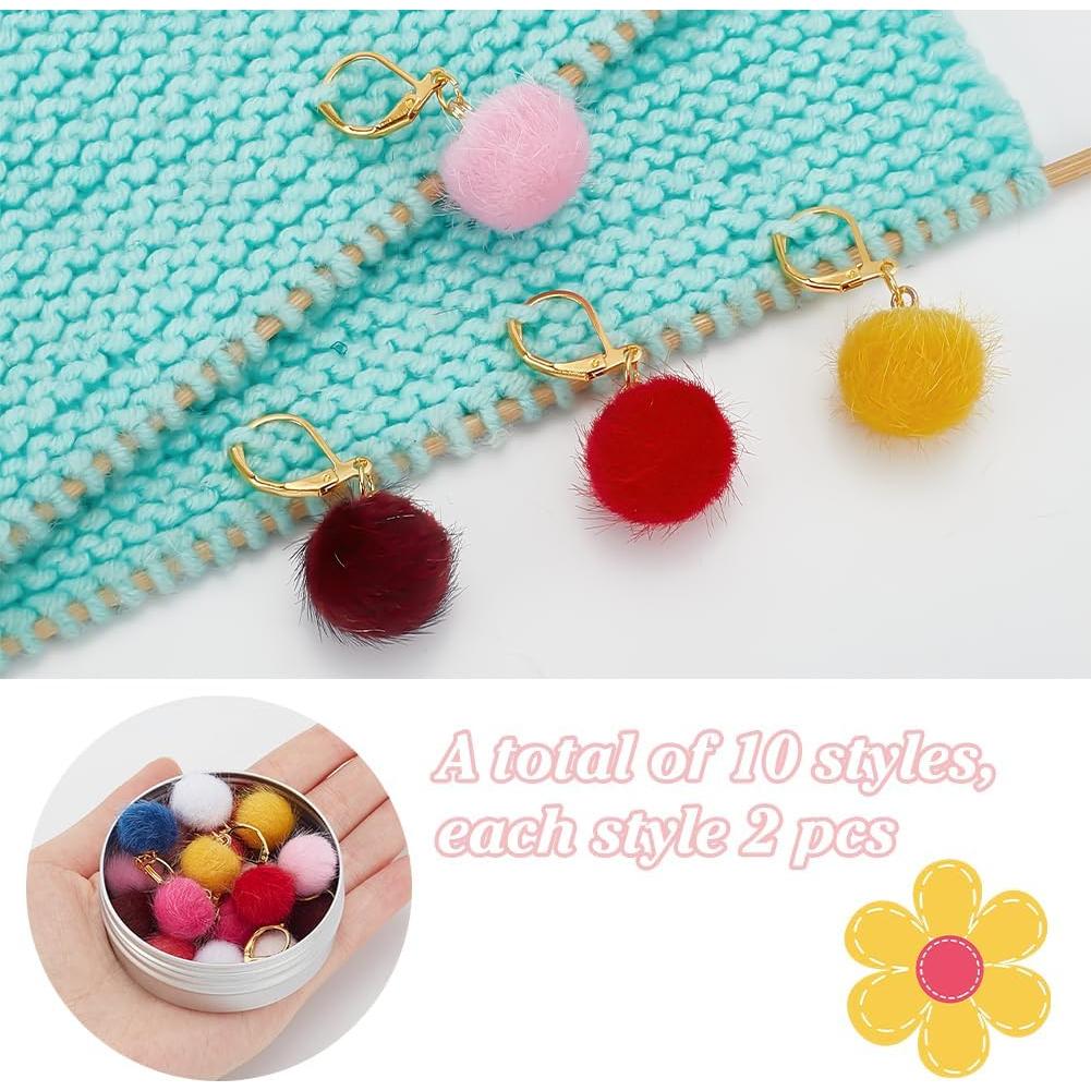 PLIGREAT 20 Pcs Crochet Locking Stitch Markers Colored Pom Pom Stitch Marker Knitting Locking Marker Set Knitting Stitch Counter DIY Gifts Making Accessories for Woman Grandma