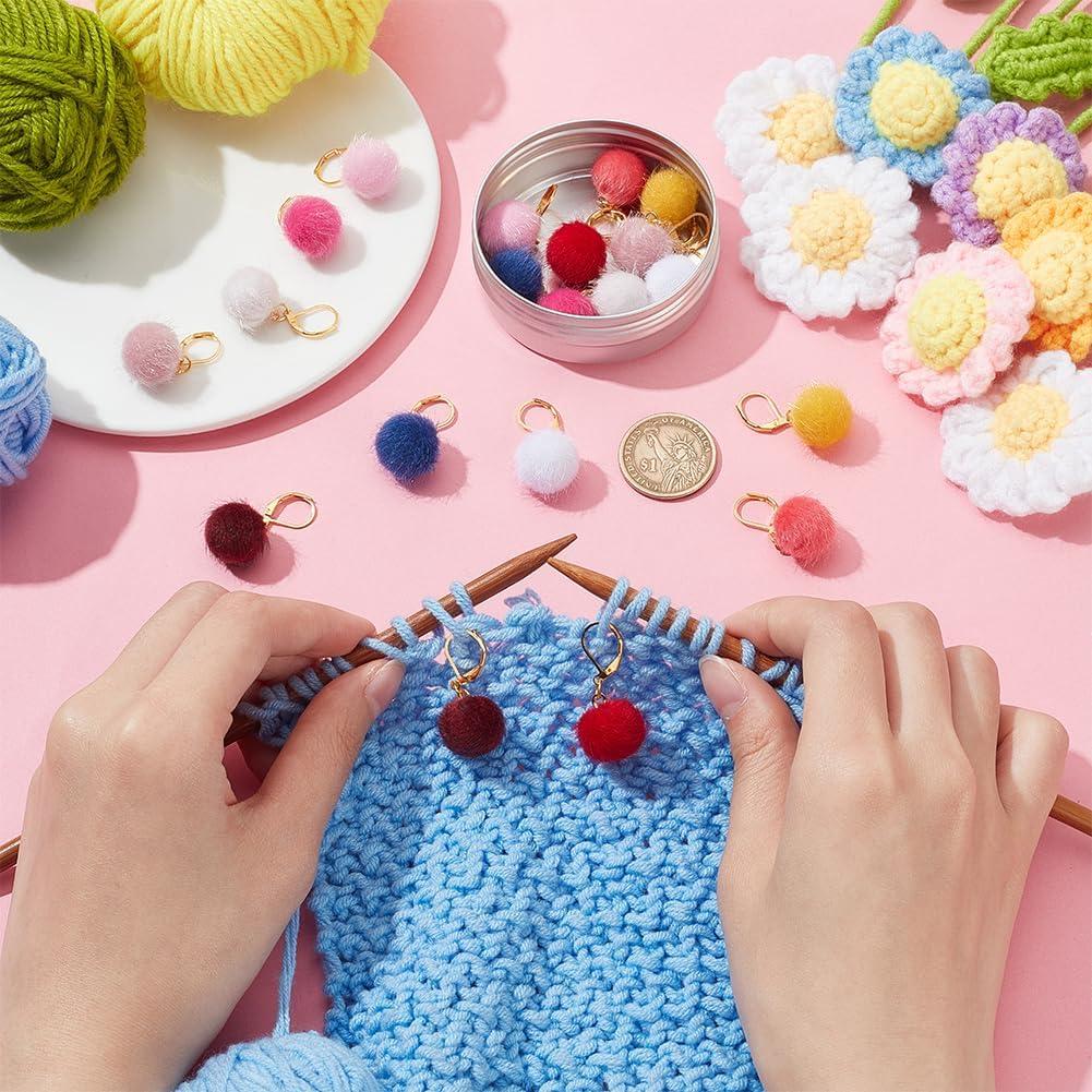 PLIGREAT 20 Pcs Crochet Locking Stitch Markers Colored Pom Pom Stitch Marker Knitting Locking Marker Set Knitting Stitch Counter DIY Gifts Making Accessories for Woman Grandma
