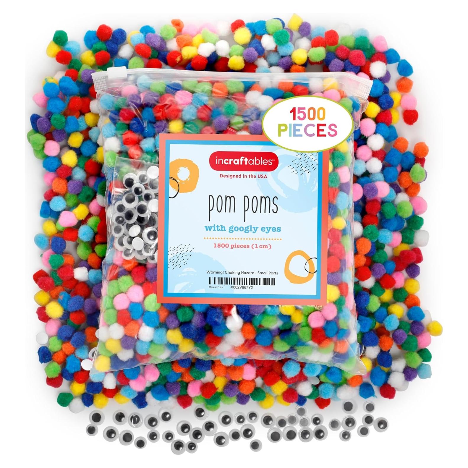 Set de 1500 Pom Poms Multicolor 1 cm y Ojos Móviles Incraftables