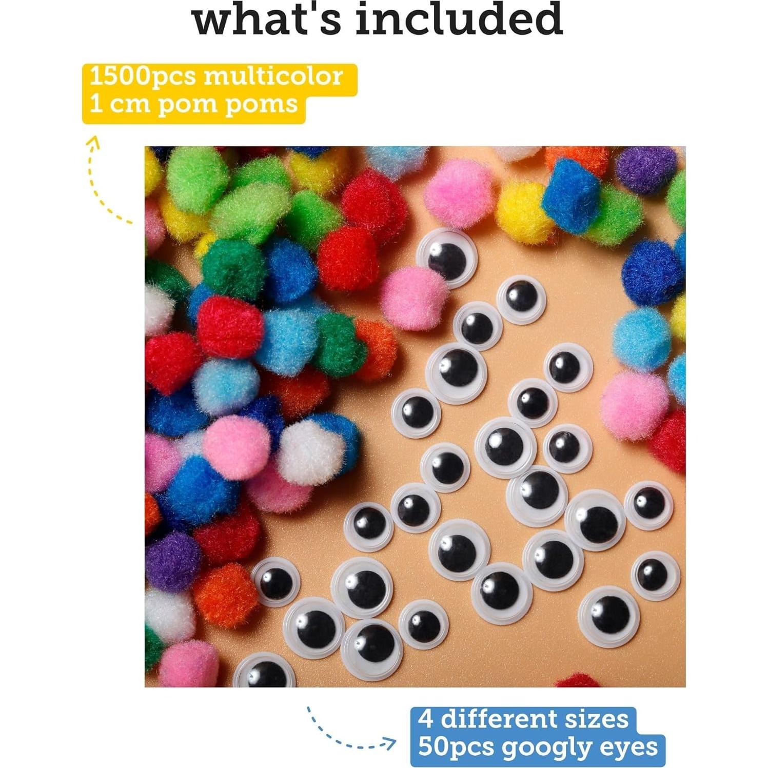 Set de 1500 Pom Poms Multicolor 1 cm y Ojos Móviles Incraftables