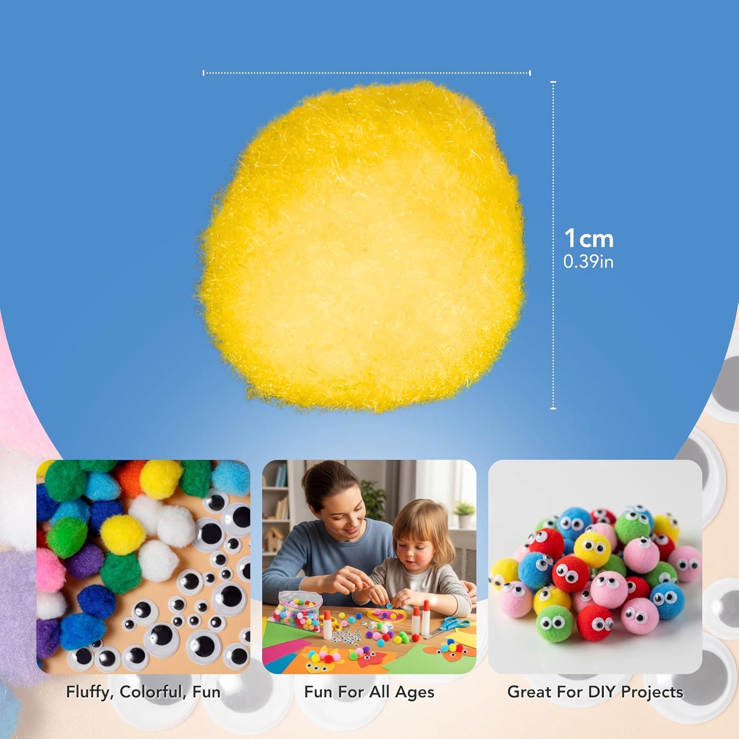 Set de 1500 Pom Poms Multicolor 1 cm y Ojos Móviles Incraftables
