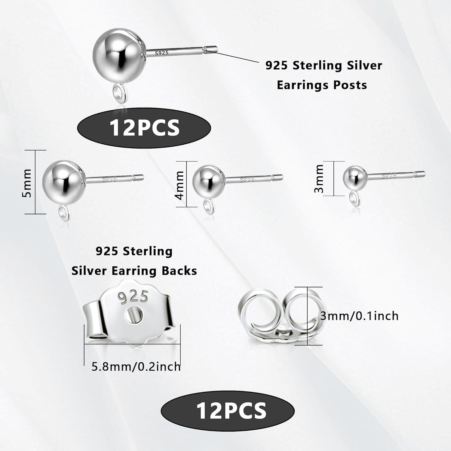 Pendientes de perlas de plata esterlina 925 - 12 piezas 3/4/5 mm