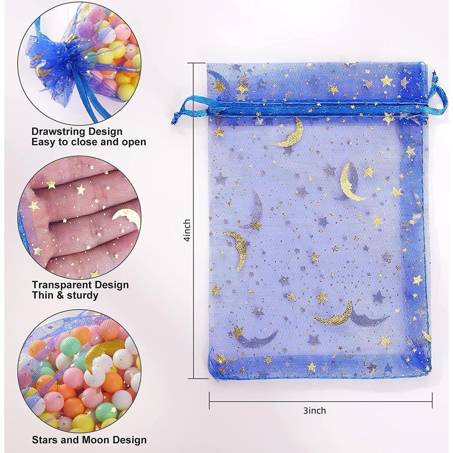 100 Bolsas de Joyería de Organza ENNIYU Estrellas y Lunas 8x10cm