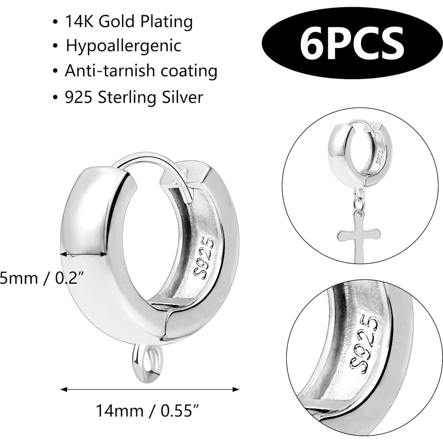 6 Piezas Ganchos de Pendientes Huggie Plata Esterlina 925 14mm