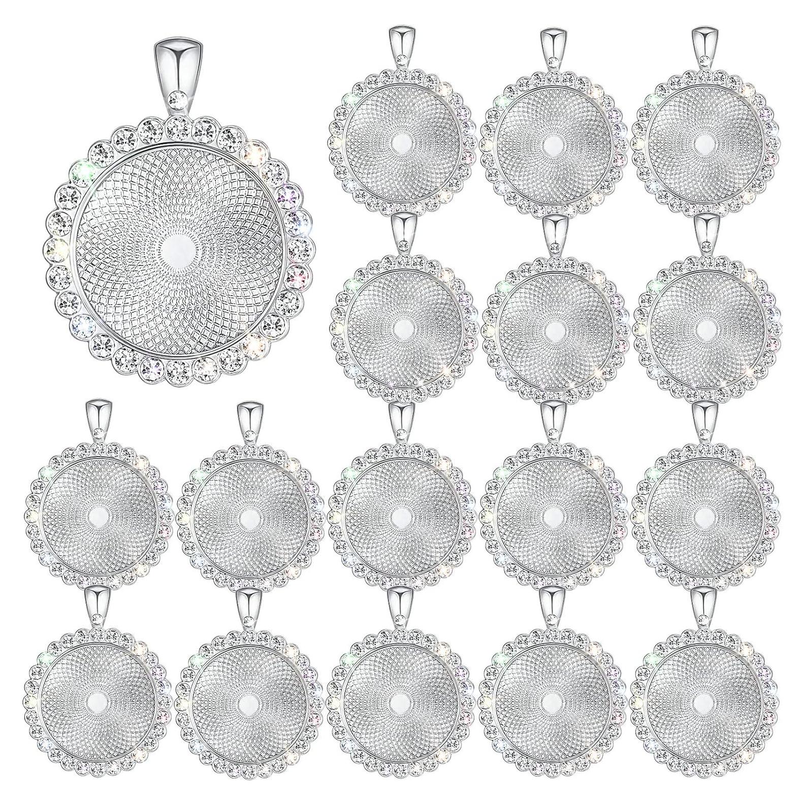 32 Bandejas de Colgante DIY Hicarer 25 mm Plata con Rhinestone