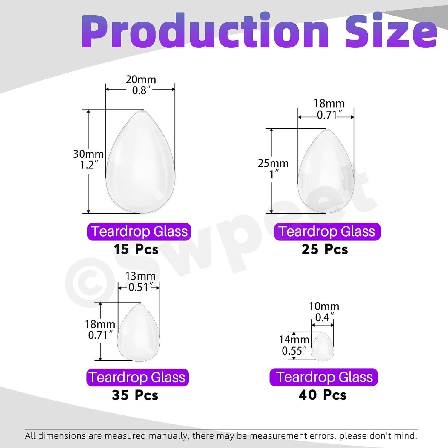 Kit 115Pcs Cabochones de Vidrio Teardrop Swpeet 4 Tamaños
