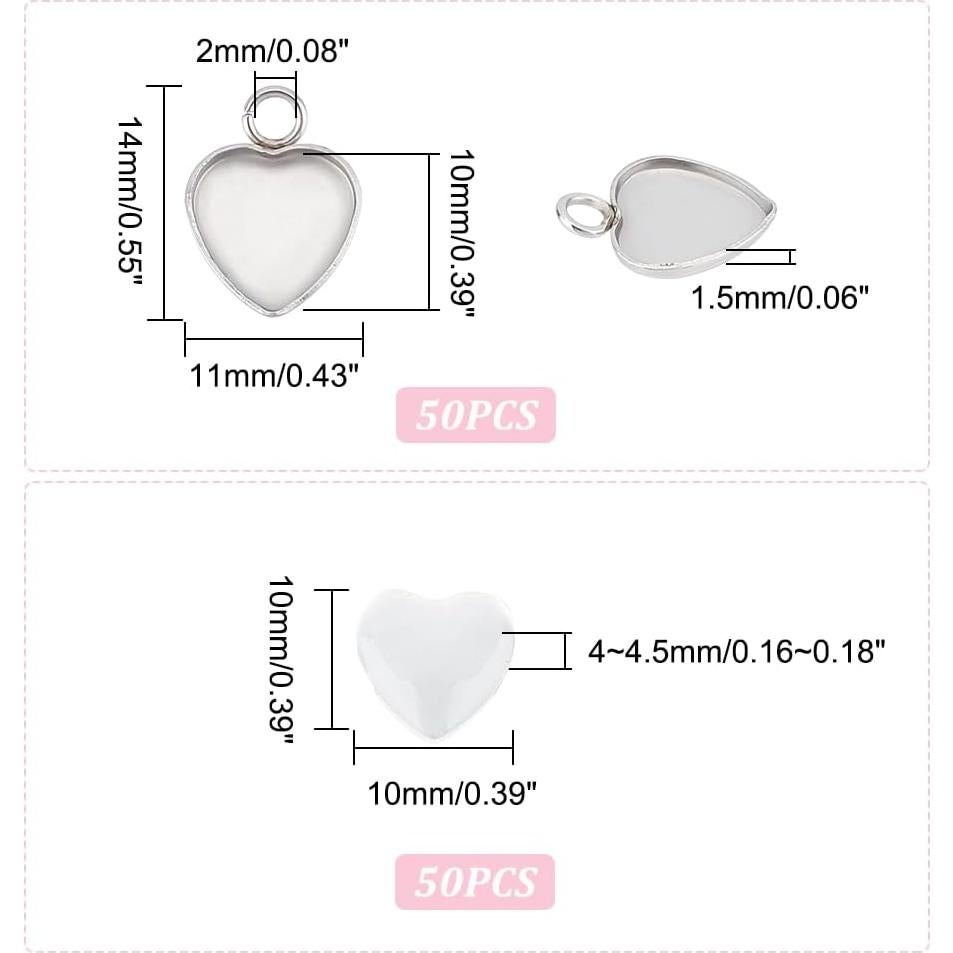 50 Sets Cabochones Corazón UNICRAFTALE Acero Inoxidable 304