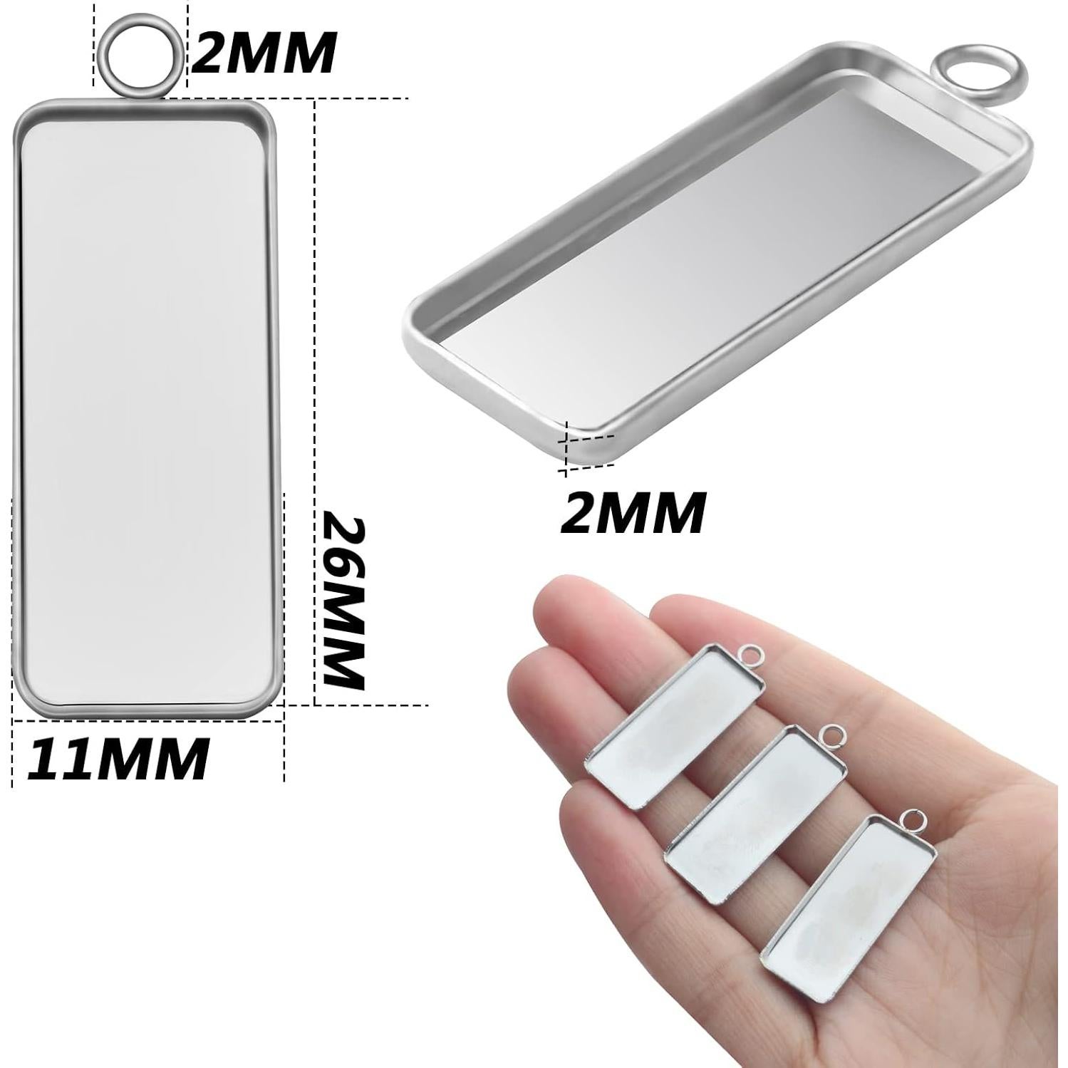 50 Bandejas Bezel Rectangulares Acero Inoxidable 26x11mm DIY