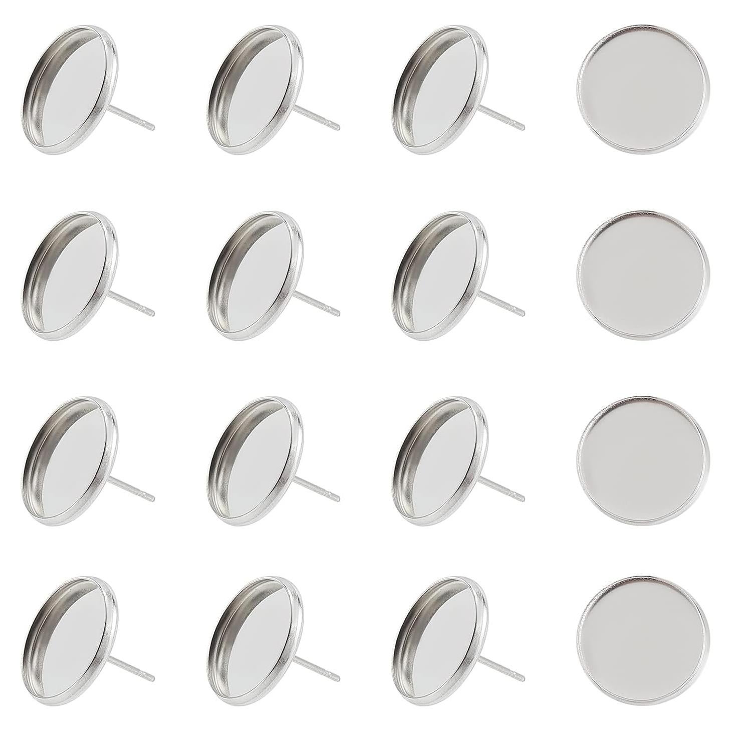 PH PandaHall 200pcs 14mm Stainless Steel Stud Earring Flat Round Bezel Earring Earring Blank Trays Cabochon Earring Setting for Earring Making DIY