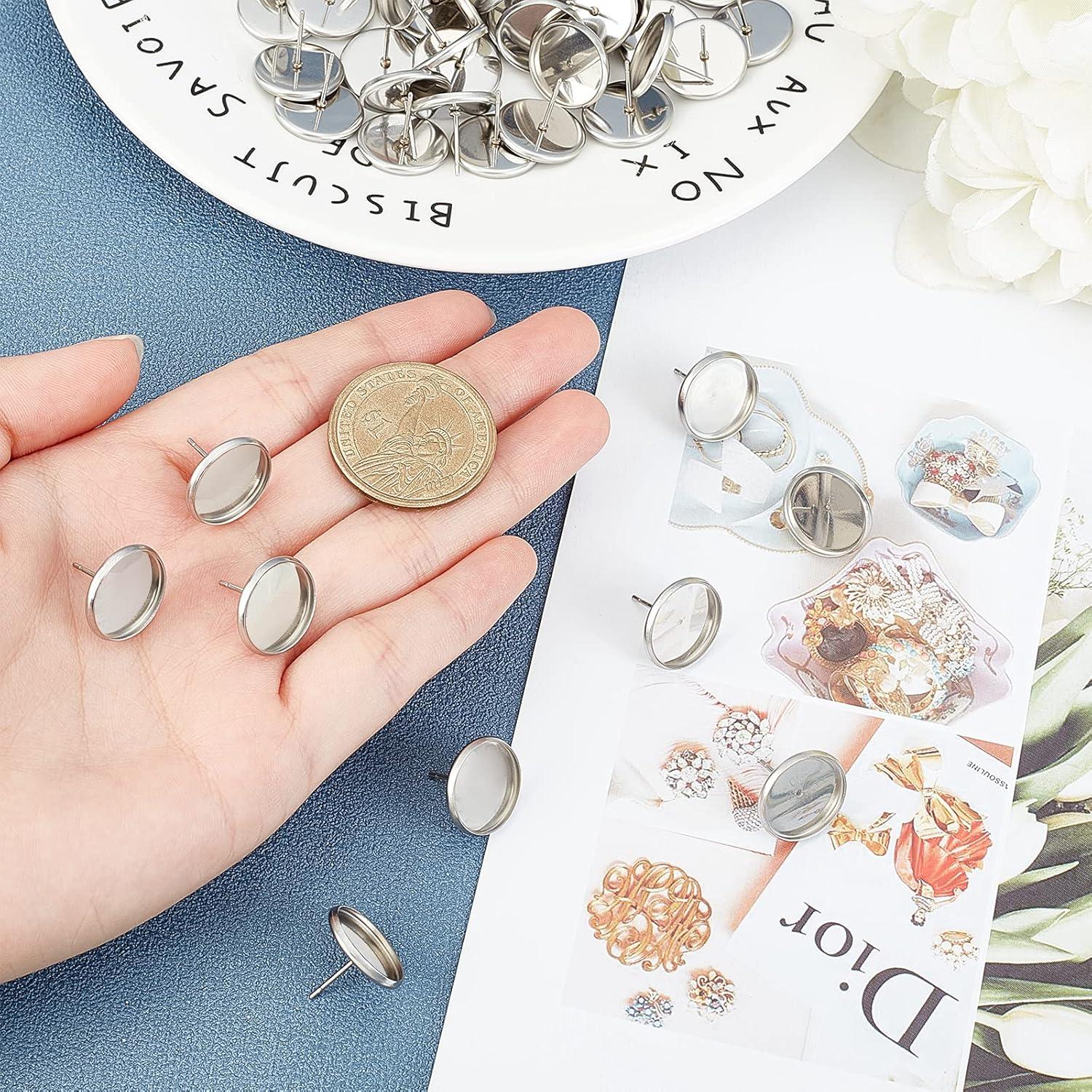 PH PandaHall 200pcs 14mm Stainless Steel Stud Earring Flat Round Bezel Earring Earring Blank Trays Cabochon Earring Setting for Earring Making DIY