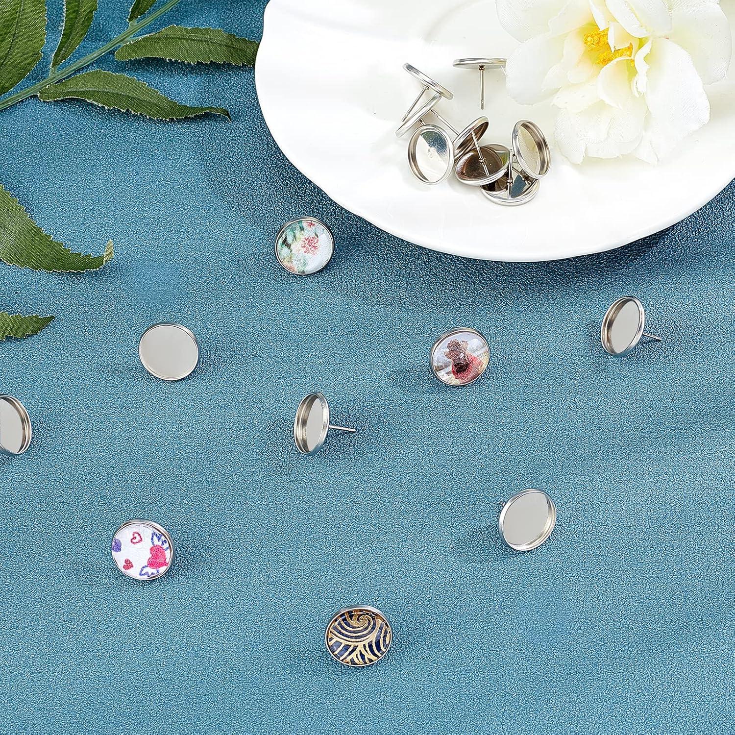 PH PandaHall 200pcs 14mm Stainless Steel Stud Earring Flat Round Bezel Earring Earring Blank Trays Cabochon Earring Setting for Earring Making DIY