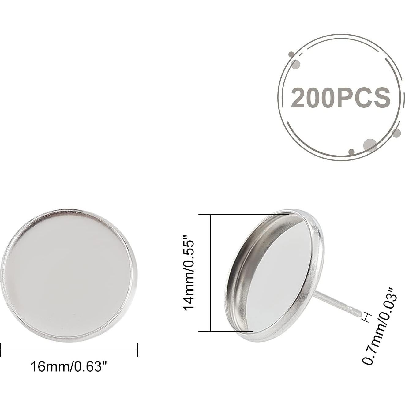 PH PandaHall 200pcs 14mm Stainless Steel Stud Earring Flat Round Bezel Earring Earring Blank Trays Cabochon Earring Setting for Earring Making DIY