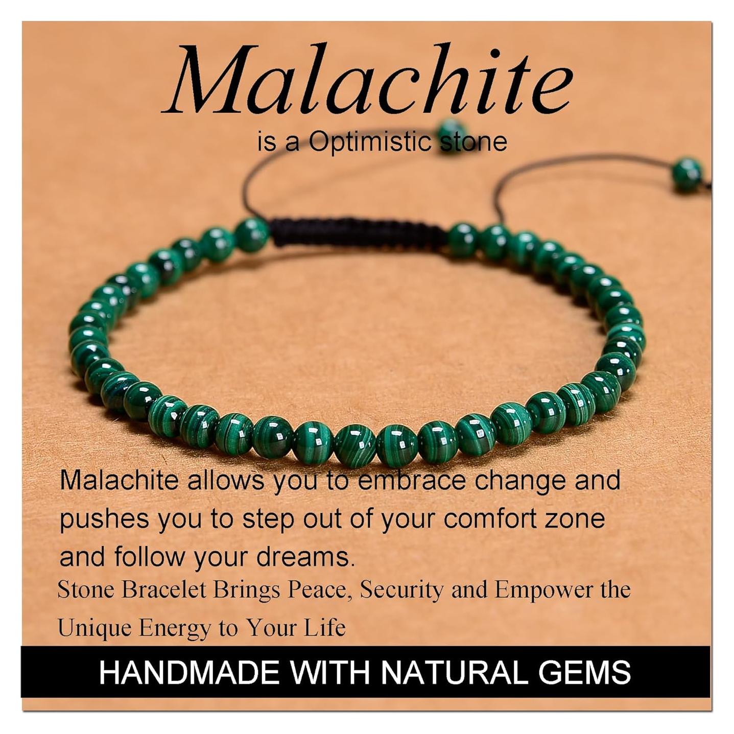Pulsera de Macramé Ajustable Perlas Masivas Malaquita 4mm