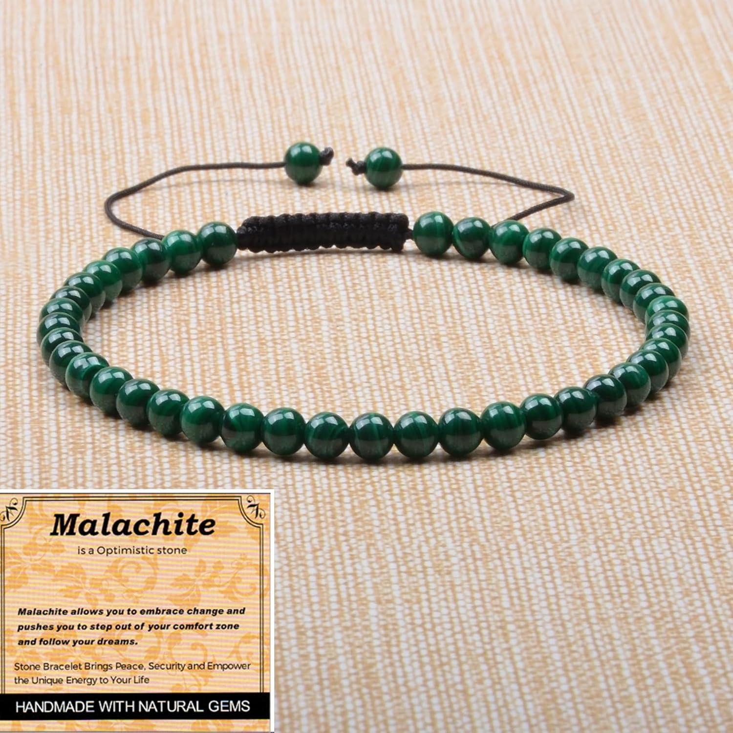 Pulsera de Macramé Ajustable Perlas Masivas Malaquita 4mm