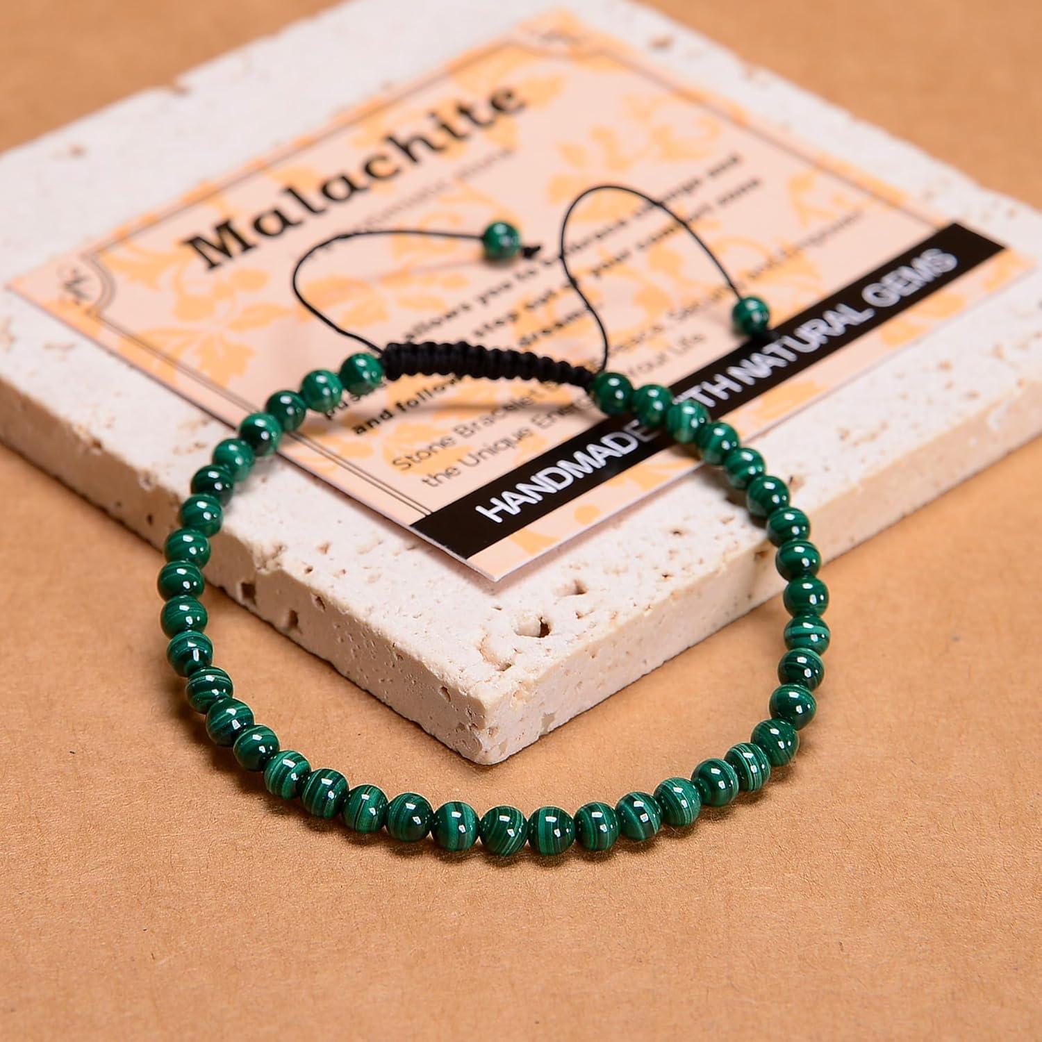 Pulsera de Macramé Ajustable Perlas Masivas Malaquita 4mm