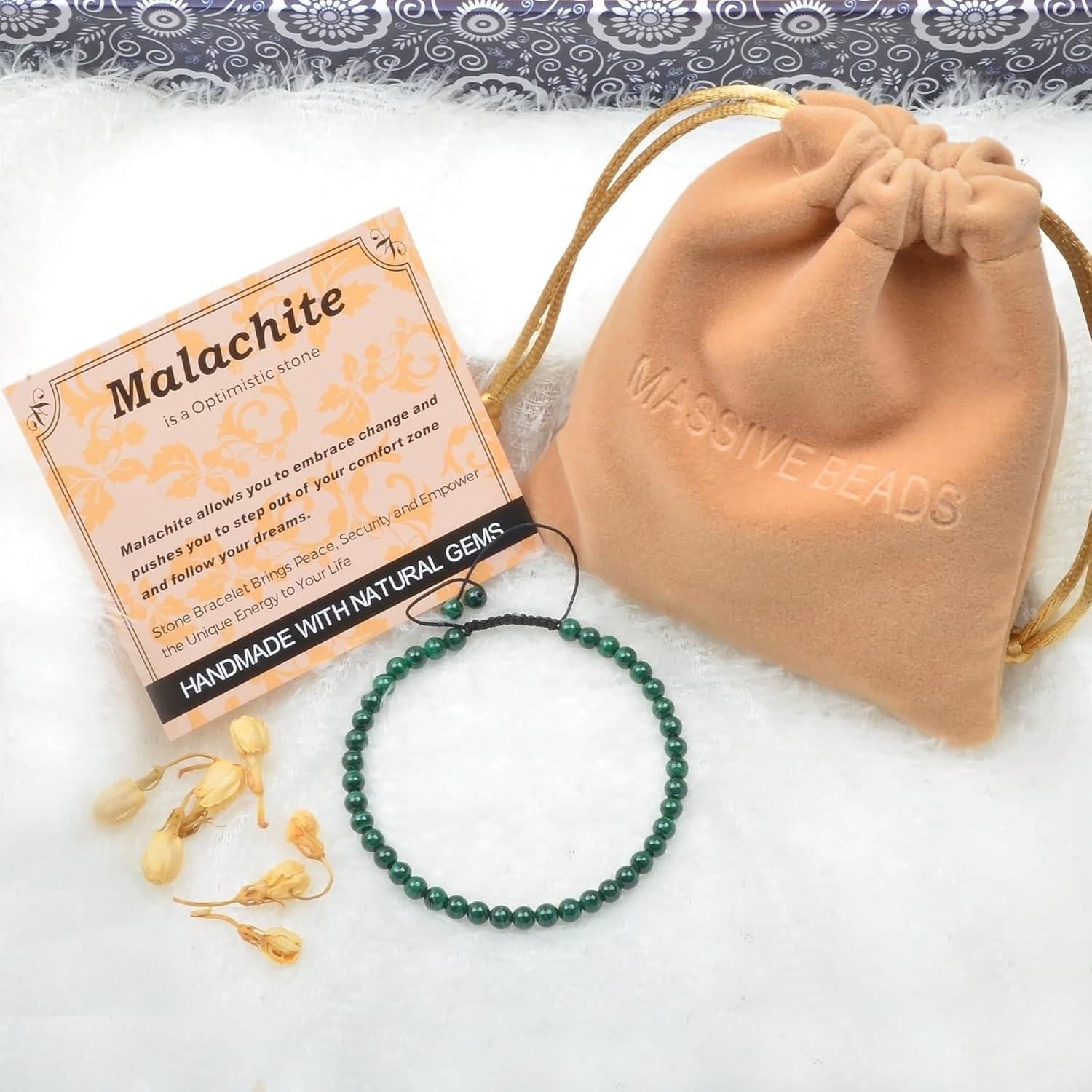 Pulsera de Macramé Ajustable Perlas Masivas Malaquita 4mm