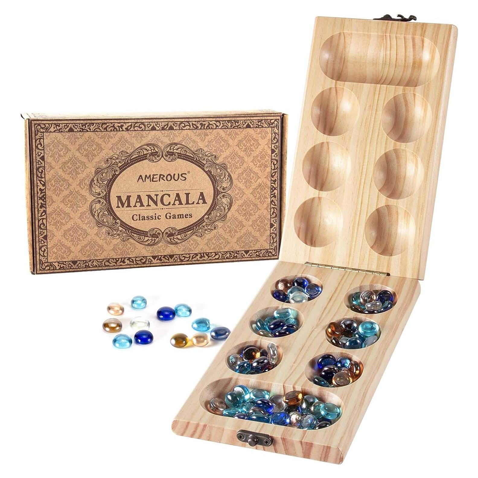 Juego de Mesa Mancala Plegable AMEROUS - Madera y Piedras de Vidrio