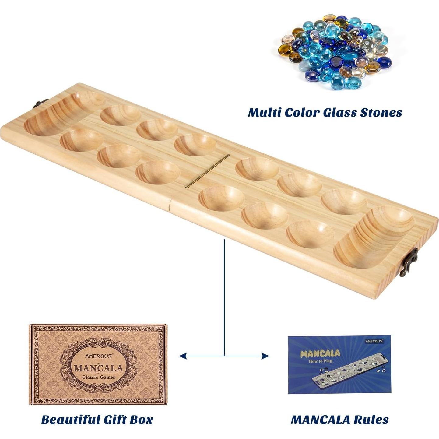Juego de Mesa Mancala Plegable AMEROUS - Madera y Piedras de Vidrio