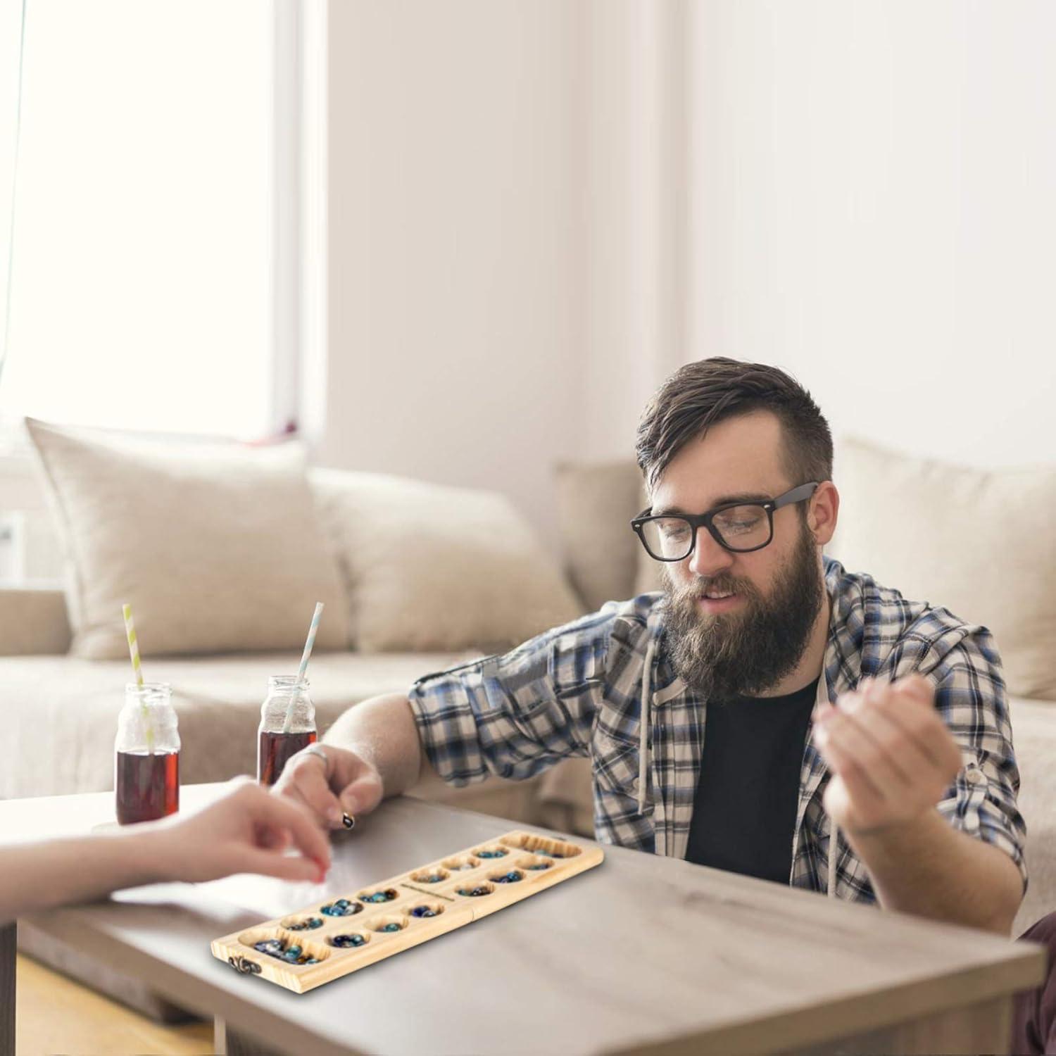 Juego de Mesa Mancala Plegable AMEROUS - Madera y Piedras de Vidrio