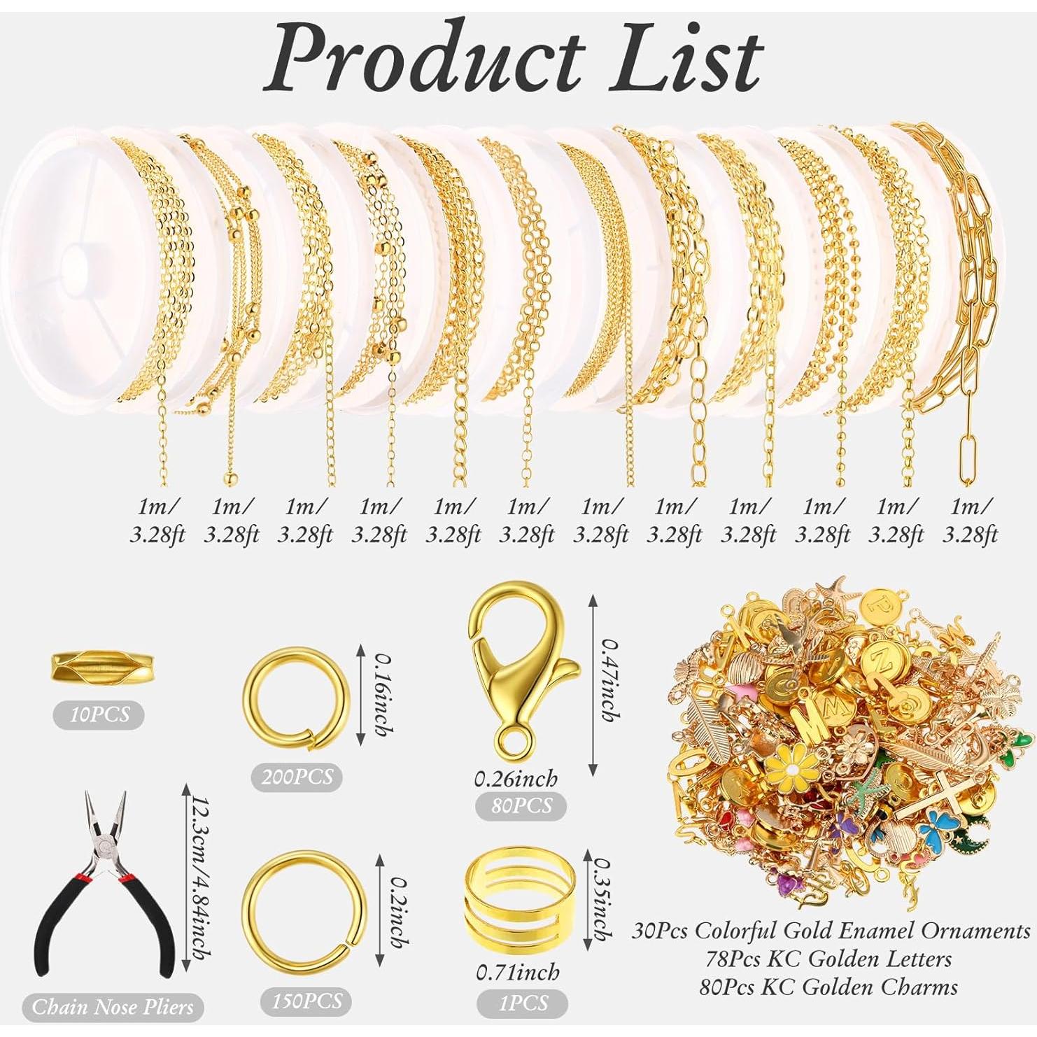 Kit de Joyería DIY Tondiamo 12 Rollos Cadenas Doradas 100 cm