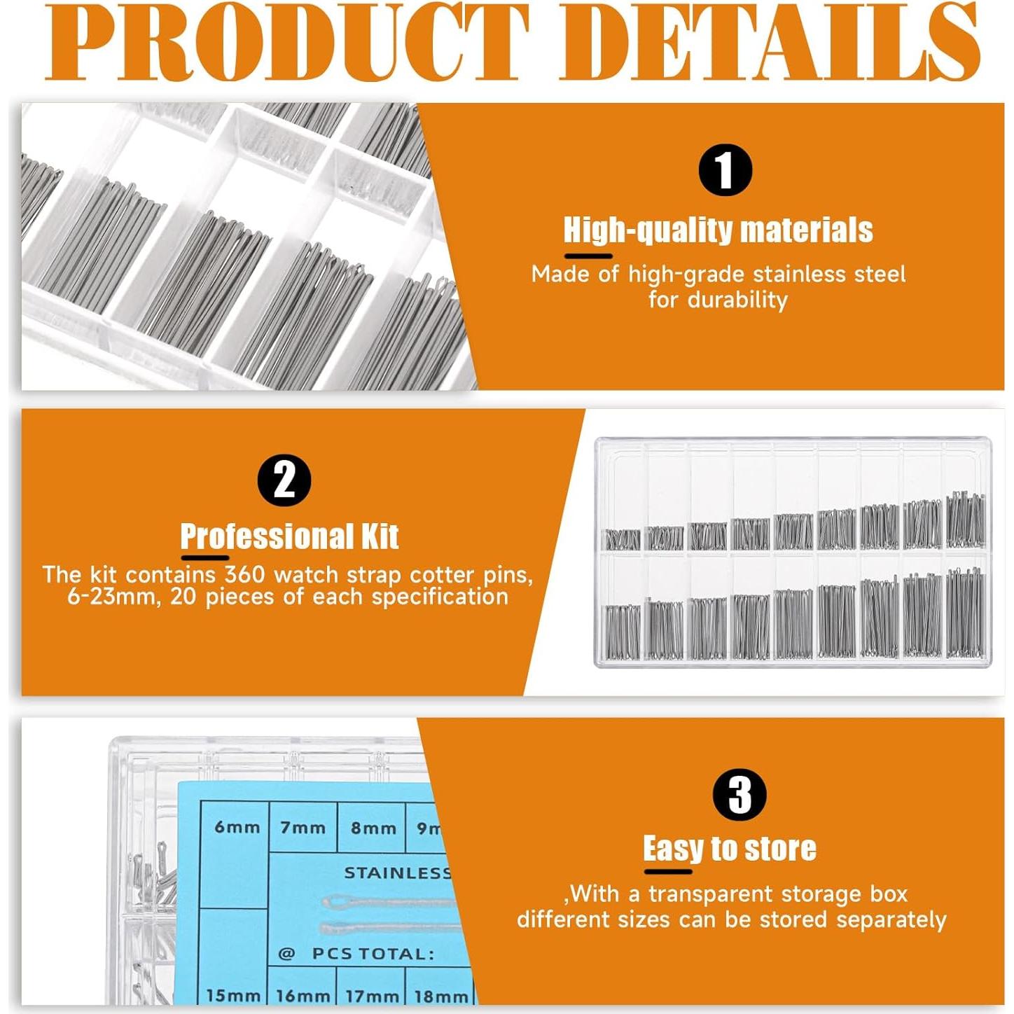 Pasadores de Enlace de Reloj Giantree 720 Piezas Acero Inoxidable 6-23mm