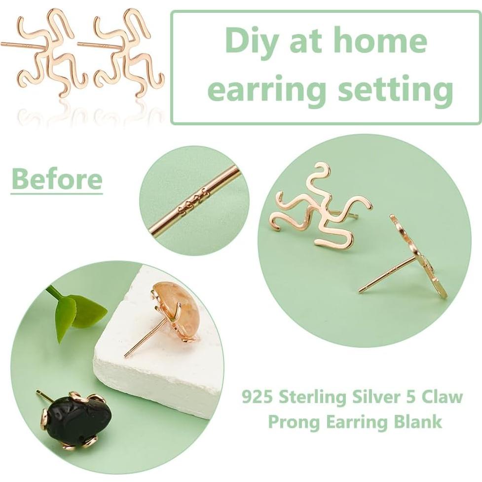 BENECREAT 925 Sterling Silver 5 Claw Prong Earring Blank, 0.49x0.57Inch Ring Base Finding for Irregular Gemstone Setting Jewelry Making DIY Fashion Earring(Matte Gold)