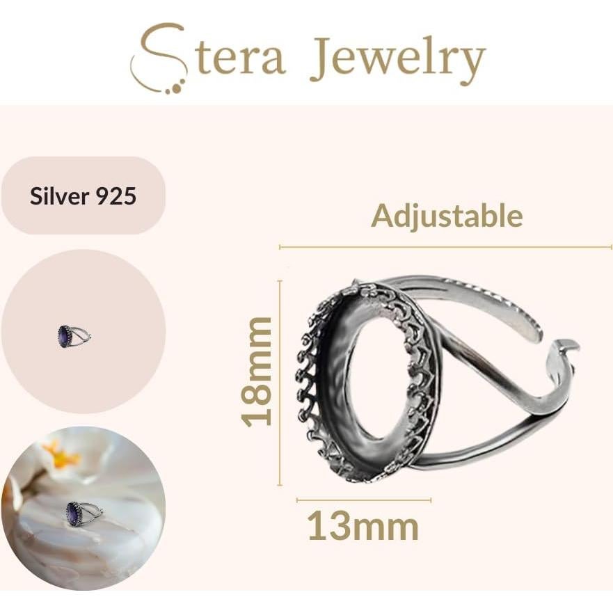 Anillo Ajustable de Plata Esterlina 925 para Joyería 13x18mm