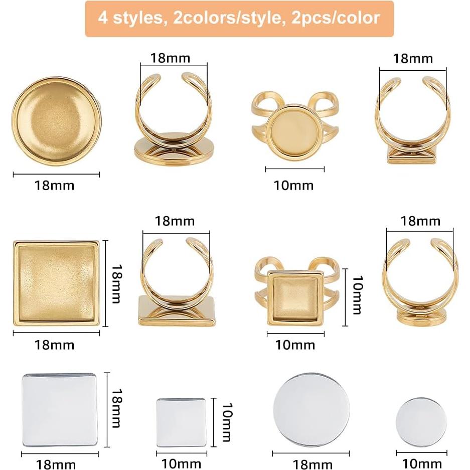 DICOSMETIC 8 Anillos en Blanco Ajustables Acero Inoxidable 10-18mm